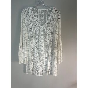 EST. 1946 White Crochet Lace V-Neck Bell Sleeve Tunic Top with Shoulder‎ Buttons